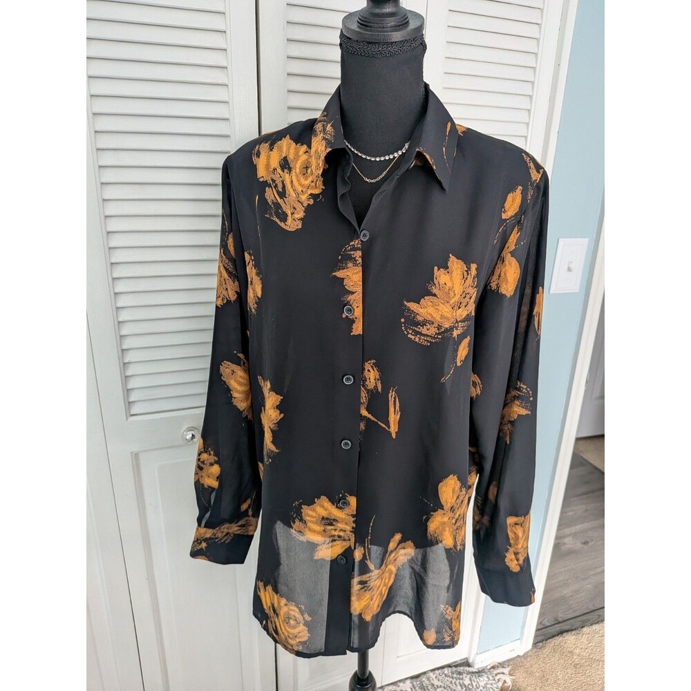 Chaus Vtg Blouse Women's 12 Black Gold Abtract Leaves Art To Wear Button Up Fall